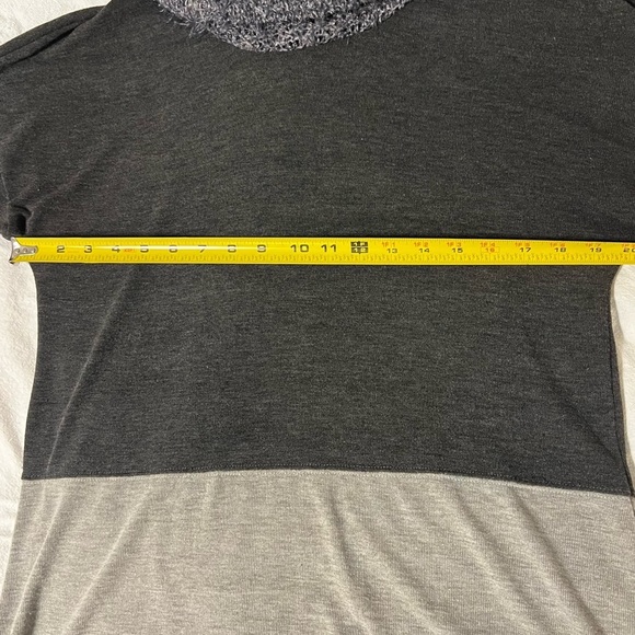 Blue Gray Charcoal Color Block Fuzzy Knit Cowl Neck Hip Length Top - Picture 10 of 12